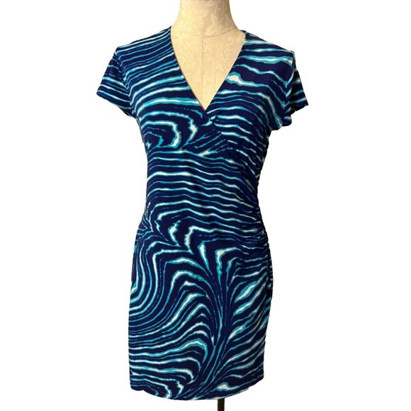Jones New York Dress Blue PS Petite Small Waves Short Sleeve Stretch Sheath - Picture 1 of 6